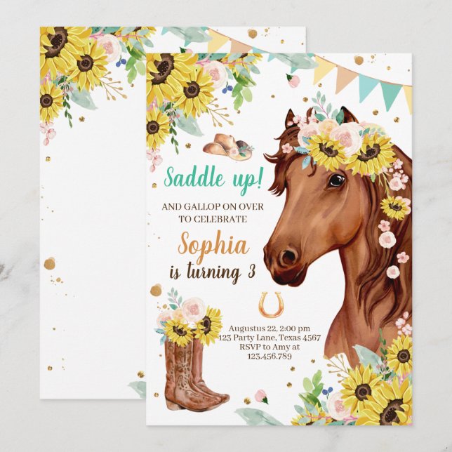 Horse Birthday Inbjudan Girl Cowgirl SunblommPony (Fram/baksida)