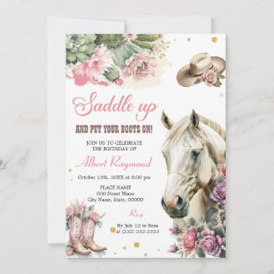 Horse Birthday Inbjudan Girl Rosa Blommigt