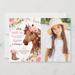 Horse Birthday Inbjudan Girl Rosa Blommigt 