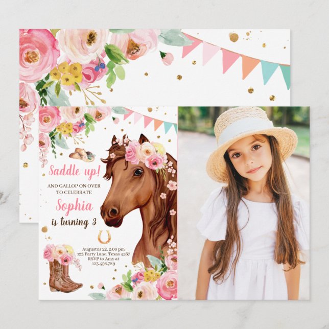 Horse Birthday Inbjudan Girl Rosa Blommigt  (Fram/baksida)