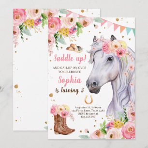 Horse Birthday Inbjudan Girl Rosa Blommigt
