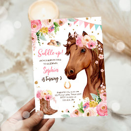 Horse Birthday Inbjudan Girl Rosa Blommigt 
