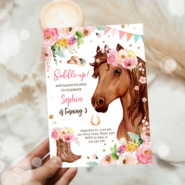 Horse Birthday Inbjudan Girl Rosa Blommigt  (Skapare uppladdad)