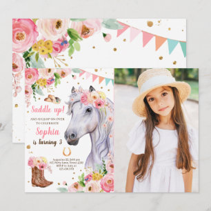 Horse Birthday Inbjudan Girl Rosa Blommigt