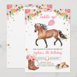 Horse Birthday Inbjudan Girl Rosa Blommigt 