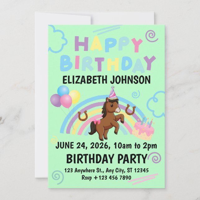 Horse Birthday Invitation in Green Inbjudningar (Framsida)