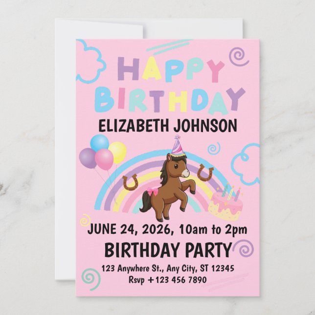 Horse Birthday Invitation in Pink Inbjudningar (Framsida)