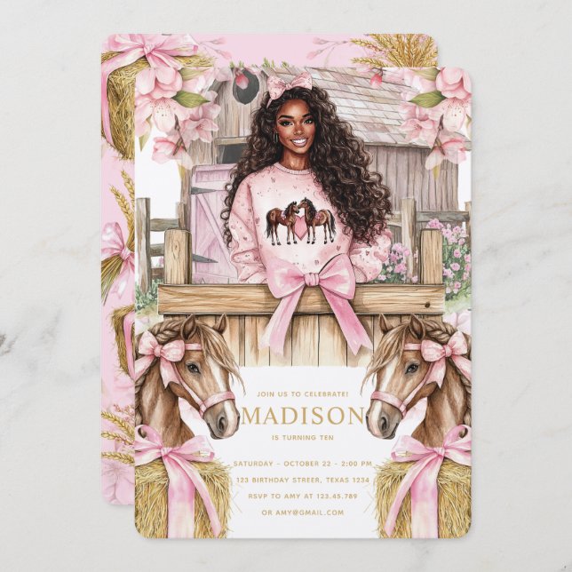 Horse Birthday Invitation with Black Girl Inbjudningar (Fram/baksida)