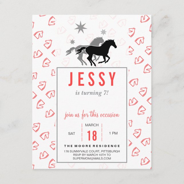 Horse Birthday Invitations Coral Red Inbjudningar (Framsida)