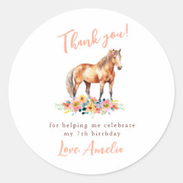 Horse Birthday Tack Pony Blommigt Rosa Sticker Runt Klistermärke