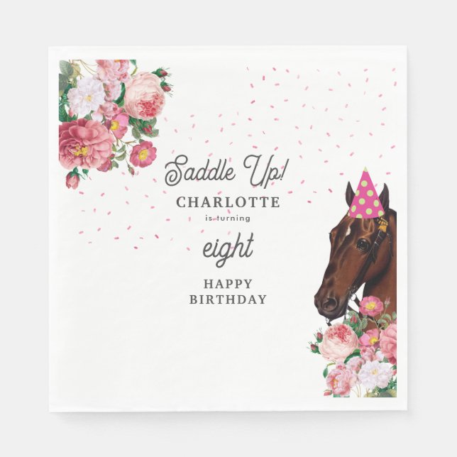 Horse Birthday Theme Pink Floral Girl Cowgirl Pappersservett (Framsidan)