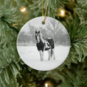 Horse Black and White Snö Photo Julgransprydnad Keramik