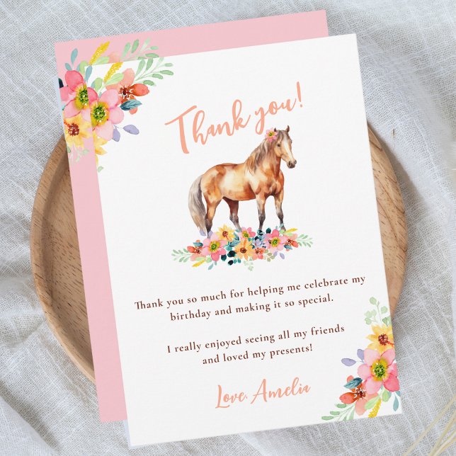 Horse Blommigt Födelsedagsfest Pony Rosa Tack Kort (Skapare uppladdad)