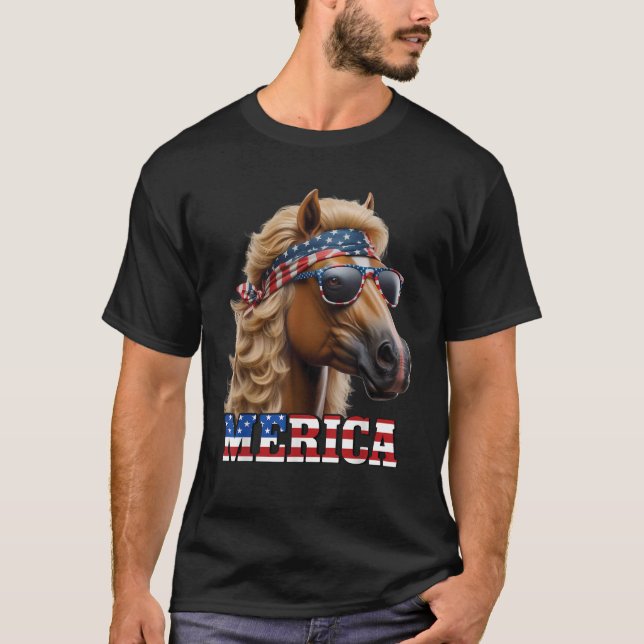 Horse Blonde Mullet Wig 4 juli Amerika Fu USA T Shirt (Framsida)