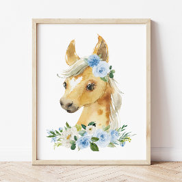 Horse, Boskap, Blåa blommor, Boy Nursery Poster