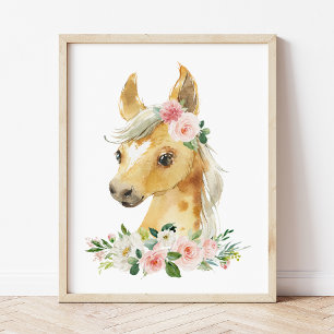 Horse, Boskap, Rosa Flowers, Girl Nursery Fototryck