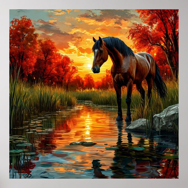 Horse by Sunset Stream in an Autumn Forest Poster (Framsidan)
