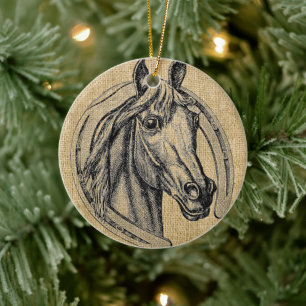 Horse Cameo on Burlap Julgransprydnad Keramik