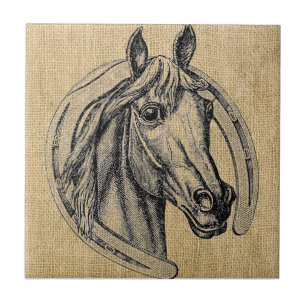 Horse Cameo on Burlap Kakelplatta