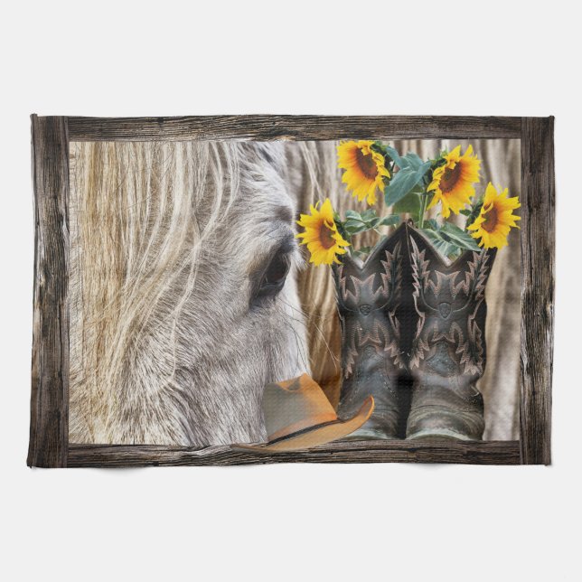 Horse Cowboy Boots Cowboy Hat Rustic Barn Board Kökshandduk (Horisontell)