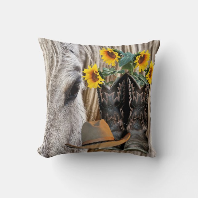 Horse Cowboy Boots Cowboy Hat Sunblommblommor Kudde (Framsida)