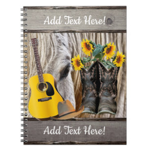 Horse Cowboy Boots Sunblommblommor Guitar Cowboy H Anteckningsbok