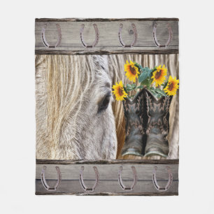 Horse Cowboy Boots Sunblommblommor Guitar Cowboy H Fleecefilt