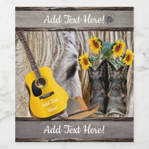 Horse Cowboy Boots Sunblommblommor Guitar Cowboy H Vinflaska Etikett