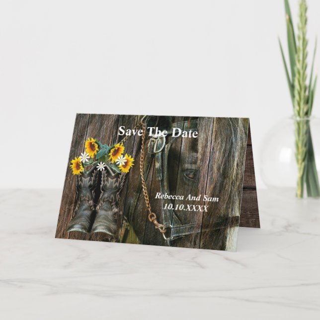 Horse Cowboy Boots Sunblommor Rustic Barn Board Inbjudan (Framsida)