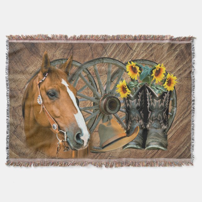 Horse Cowboy Boots Wagon Wheel Sunblommor Western Filt (Framsidan)