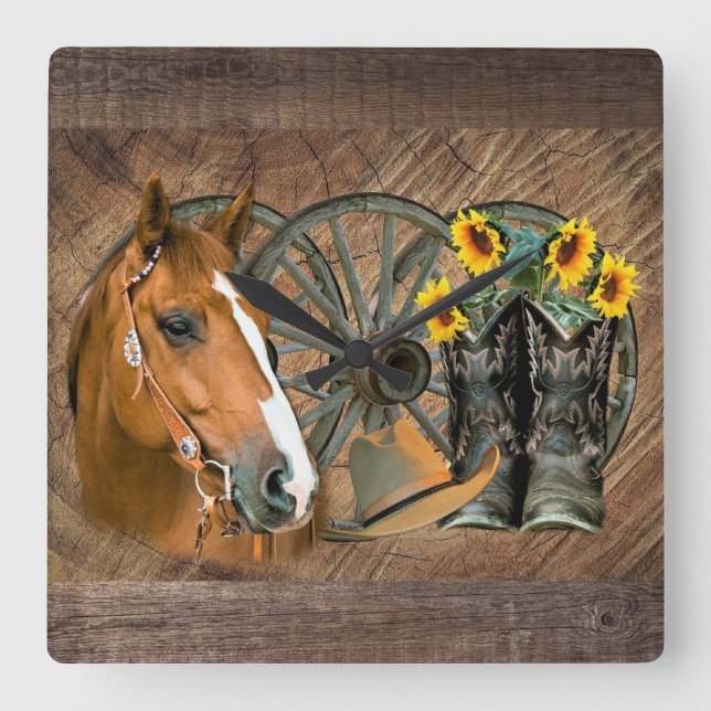 Horse Cowboy Boots Wagon Wheel Sunblommor Western Fyrkantig Klocka (Framsida)