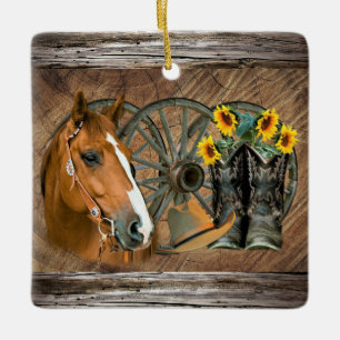 Horse Cowboy Boots Wagon Wheel Sunblommor Western Julgransprydnad Keramik