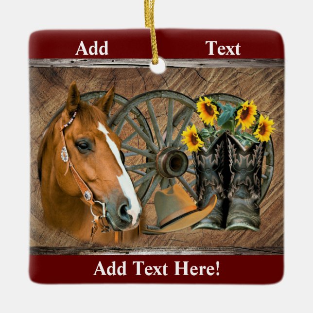 Horse Cowboy Boots Wagon Wheel Sunblommor Western Julgransprydnad Keramik (Framsida)