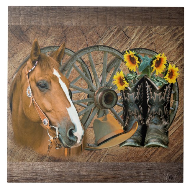 Horse Cowboy Boots Wagon Wheel Sunblommor Western Kakelplatta (Framsidan)