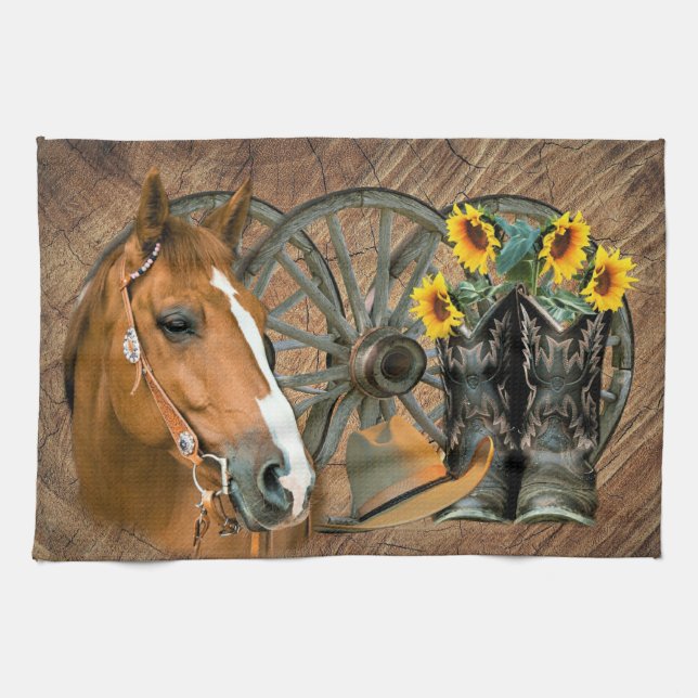 Horse Cowboy Boots Wagon Wheel Sunblommor Western Kökshandduk (Horisontell)