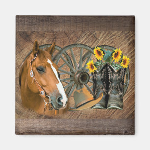Horse Cowboy Boots Wagon Wheel Sunblommor Western Magnet