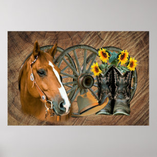 Horse Cowboy Boots Wagon Wheel Sunblommor Western Poster