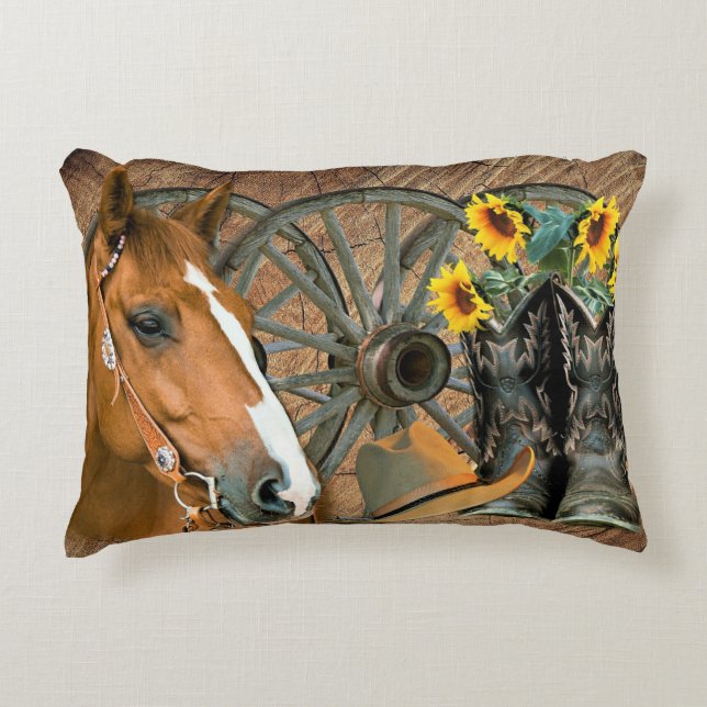 Horse Cowboy Boots Wagon Wheel Sunblommor Western Prydnadskudde (Framsidan)
