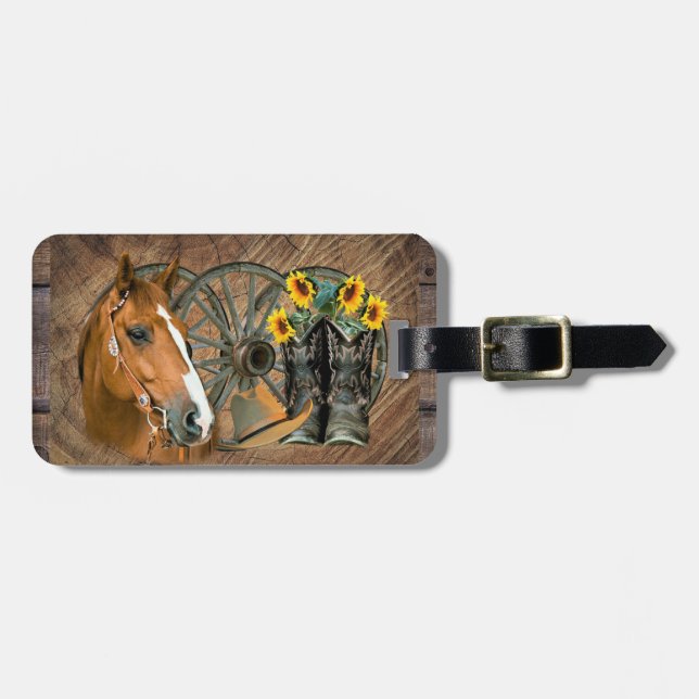 Horse Cowboy Boots Wagon Wheel Sunblommor Westerna Bagagebricka (Horisontell Framsida)