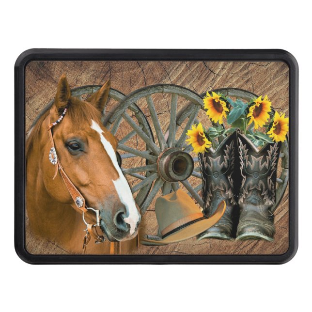 Horse Cowboy Boots Wagon Wheel Sunblommor Westerna Dragkroksskydd (Framsidan)