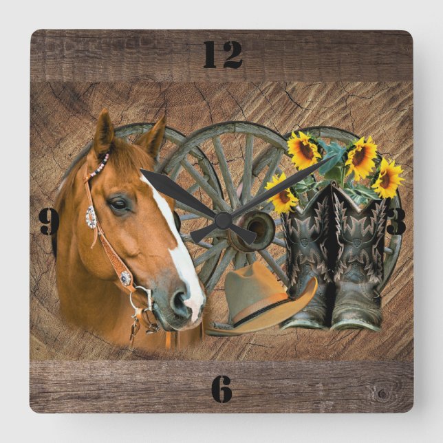 Horse Cowboy Boots Wagon Wheel Sunblommor Westerna Fyrkantig Klocka (Framsida)