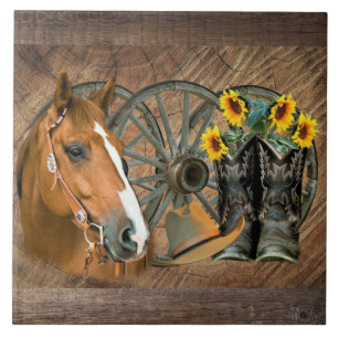 Horse Cowboy Boots Wagon Wheel Sunblommor Westerna Kakelplatta