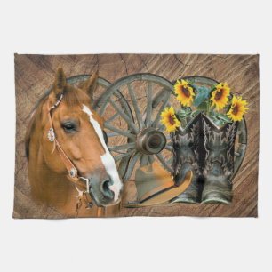 Horse Cowboy Boots Wagon Wheel Sunblommor Westerna Kökshandduk