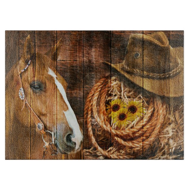 Horse Cowboy Hat Lasso Solros Rustic Barn Board (Framsidan)