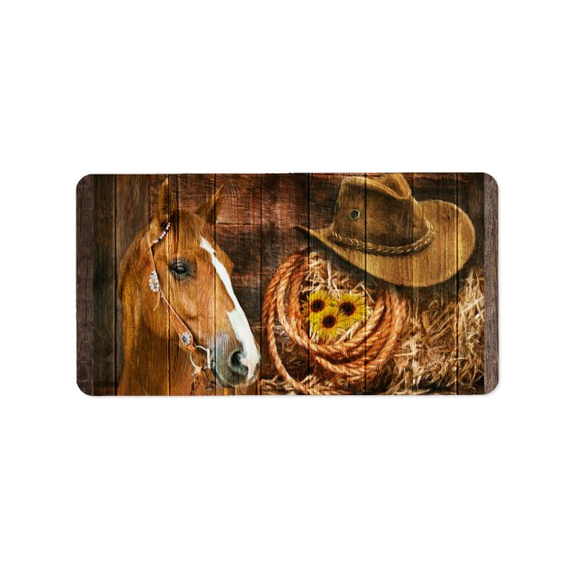 Horse Cowboy Hat Lasso Solros Rustic Barn Board Adressetikett (Framsidan)