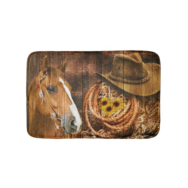 Horse Cowboy Hat Lasso Solros Rustic Barn Board Badrumsmatta (Framsidan)