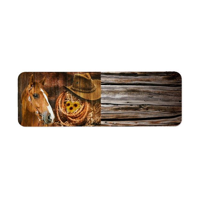 Horse Cowboy Hat Lasso Solros Rustic Barn Board Returadress Etikett (Framsidan)
