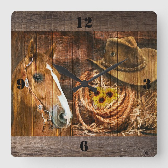 Horse Cowboy Hat Lasso Solrossolrossnämnden Fyrkantig Klocka (Framsida)
