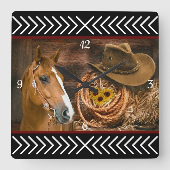 Horse Cowboy Hat Lasso Westernare Mönster Fyrkantig Klocka (Framsida)