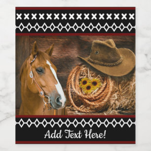 Horse Cowboy Hat Lasso Westernare Mönster Vinflaska Etikett